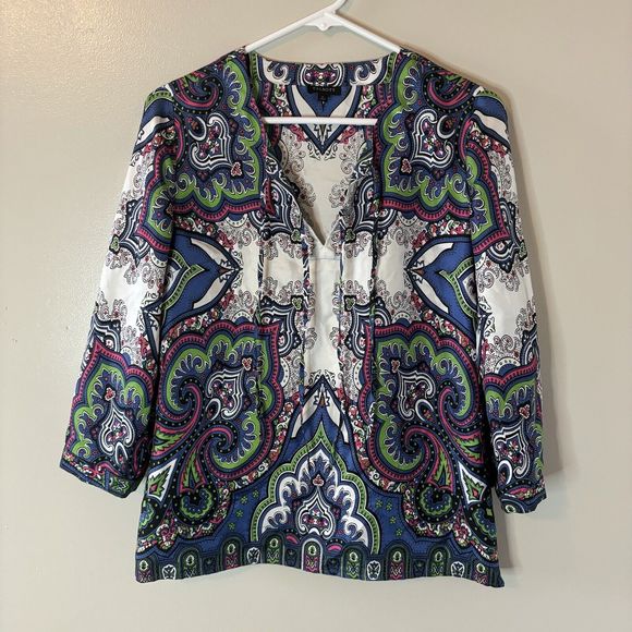 Talbots 100% Silk 3/4 Sleeve Blouse Paisley Top Colorful Pink Blue Size 4 - Picture 1 of 7
